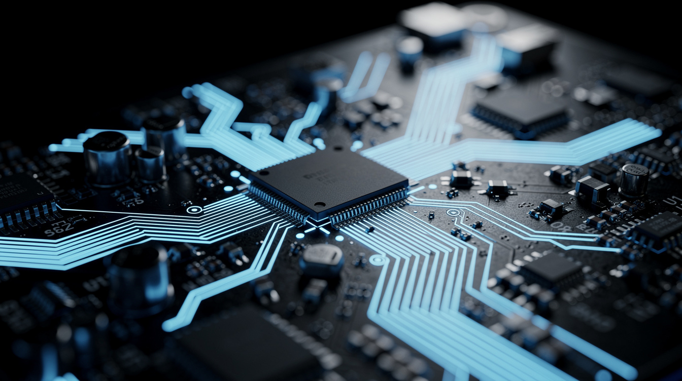 Macro photo of an illuminated circuit board with blue light